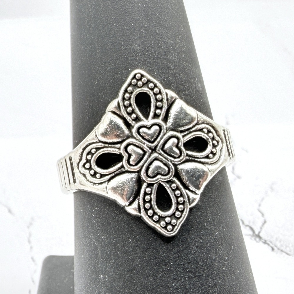 Silver Tone Openwork Cross Ring Size 8 Heart Scroll Statement Design